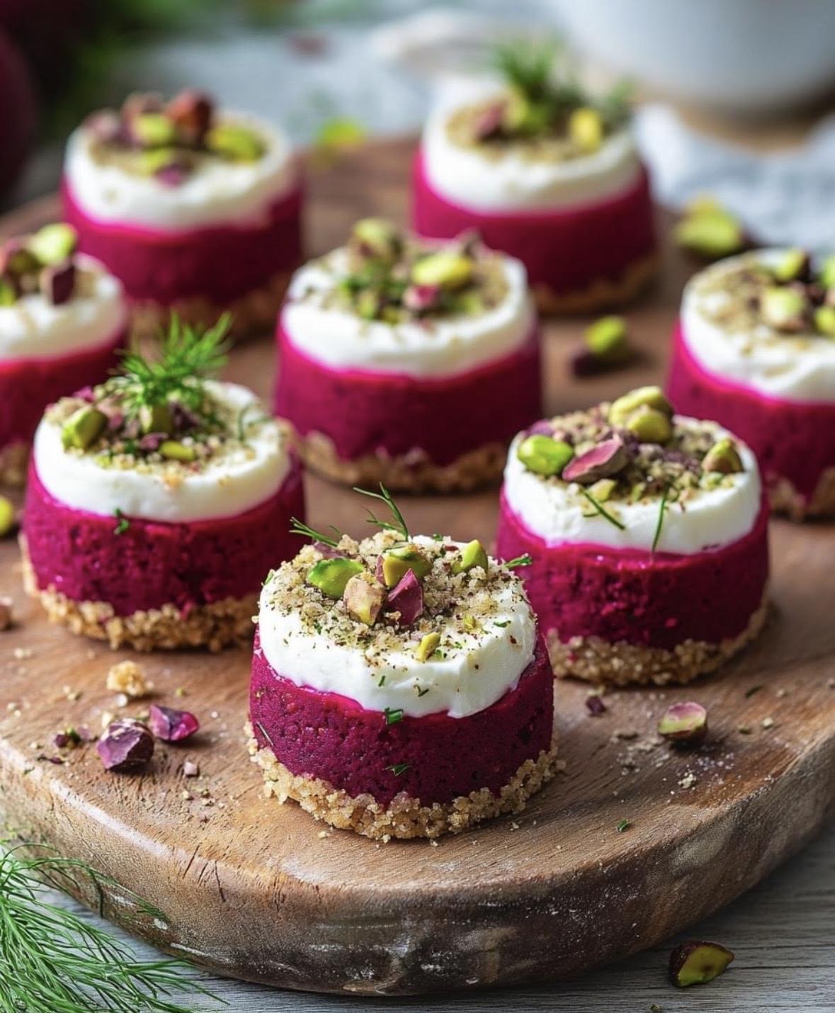 Beet and pistachio cheesecakes on a wooden board