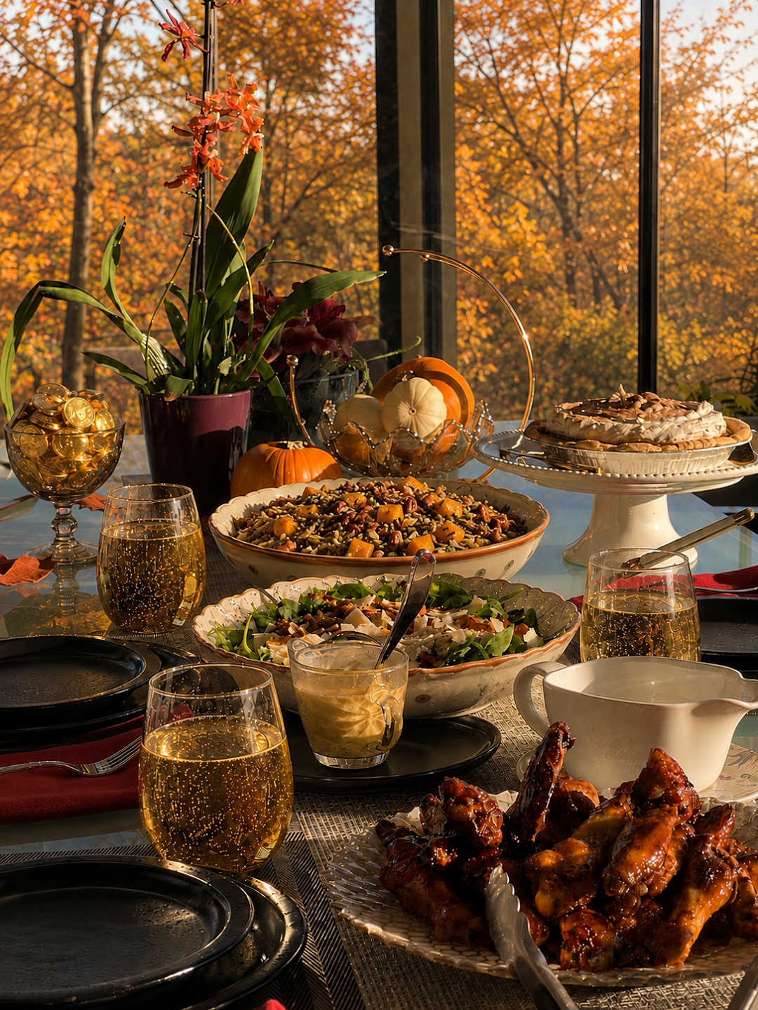 An abundant autumn feast table set before windows of golden fall foliage