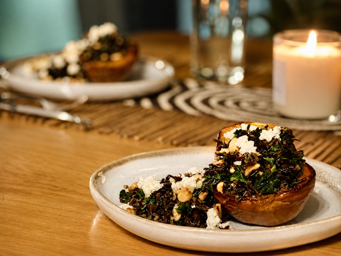 Stuffed honeynut squash with wild rice and greens