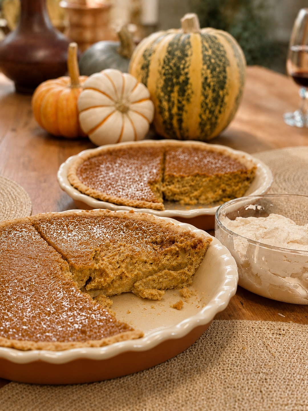 Two pumpkin pies dusted with sugar on a wooden table beside gourds and whipped cream